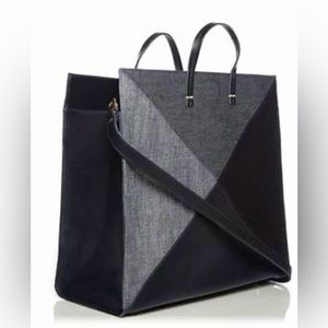 Clare V Denim & Leather Patchwork Tote with Shoulder Strap